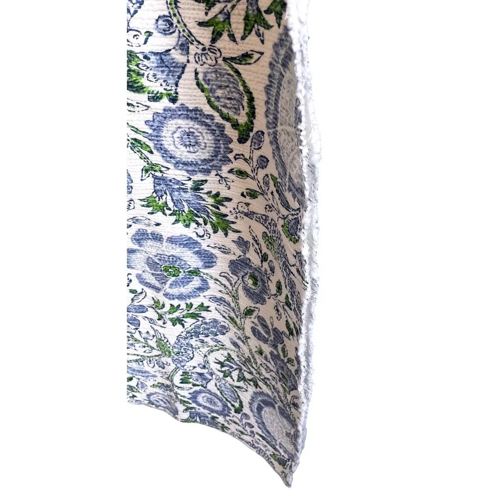 Rachel Zoe Blue Green Floral Block Print Cotton Table Runner 17x88 Frayed Edge